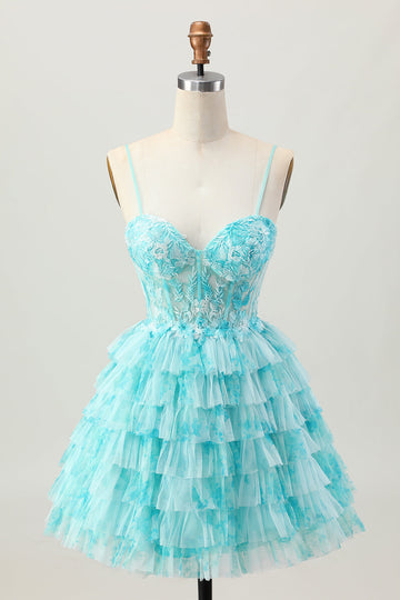 Blue Green A Line Tiered Print Corset Mini Cocktail Dress with Ruffle Skirt
